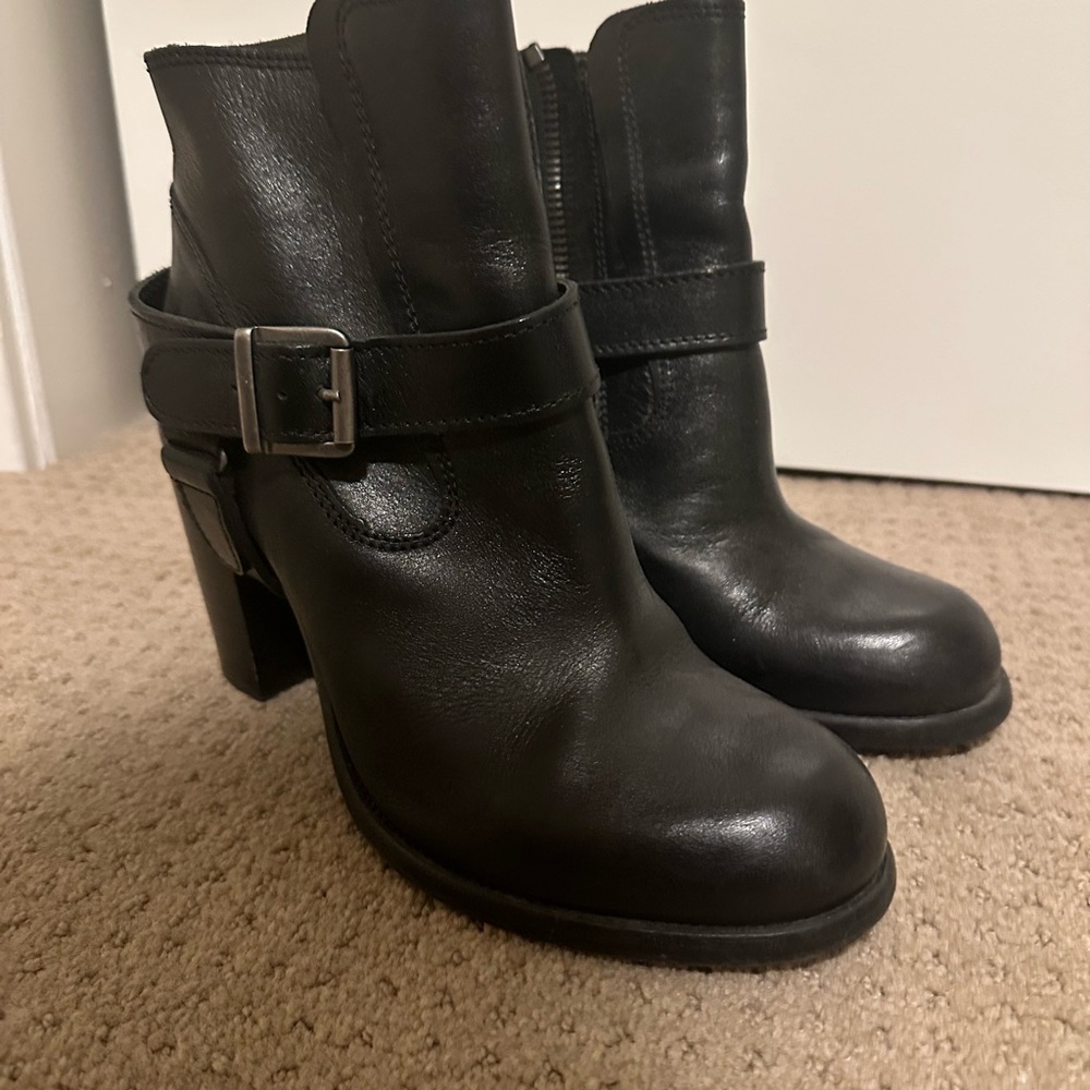 All Saints Leather Black Ankle Boots with Buckle